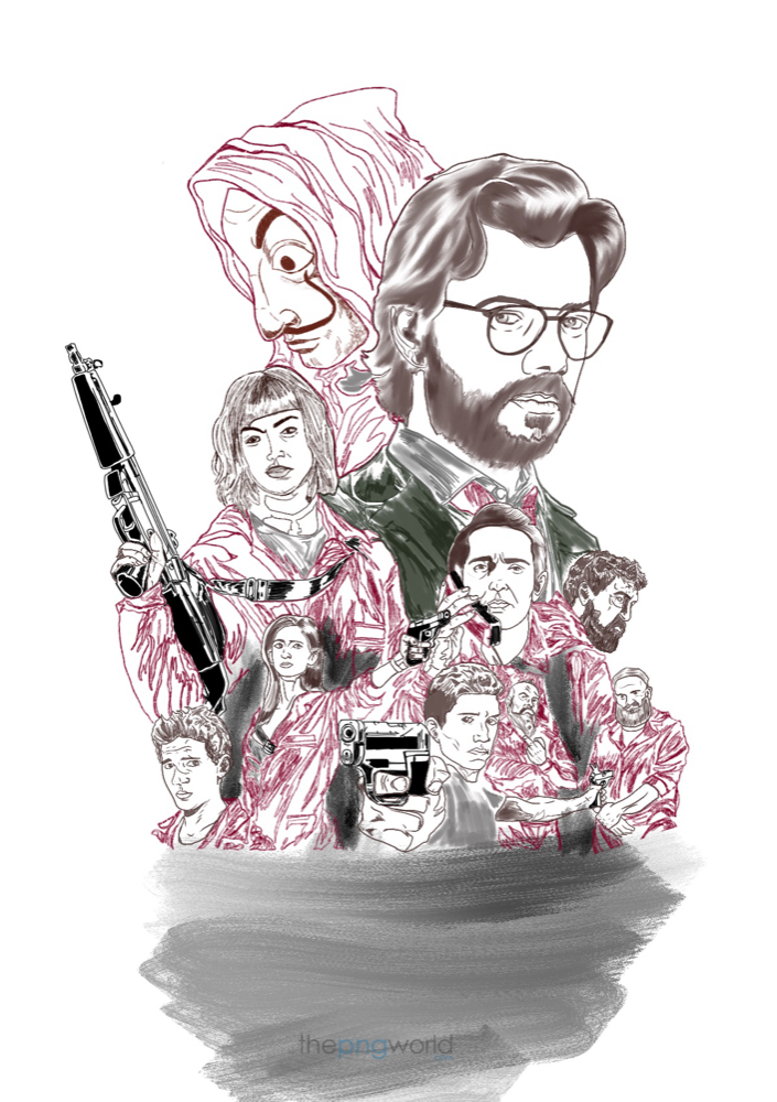 Money Heist Team Sketch Money heist,Netflix,Korea,economic,area,cast,star,mask,sketch,Salvador,casa,clip art,character,cartoon,burglar,bank,hero,graphic,design,series,film,scary,rob,de paper,la casa,male,female,girl,women,Korean